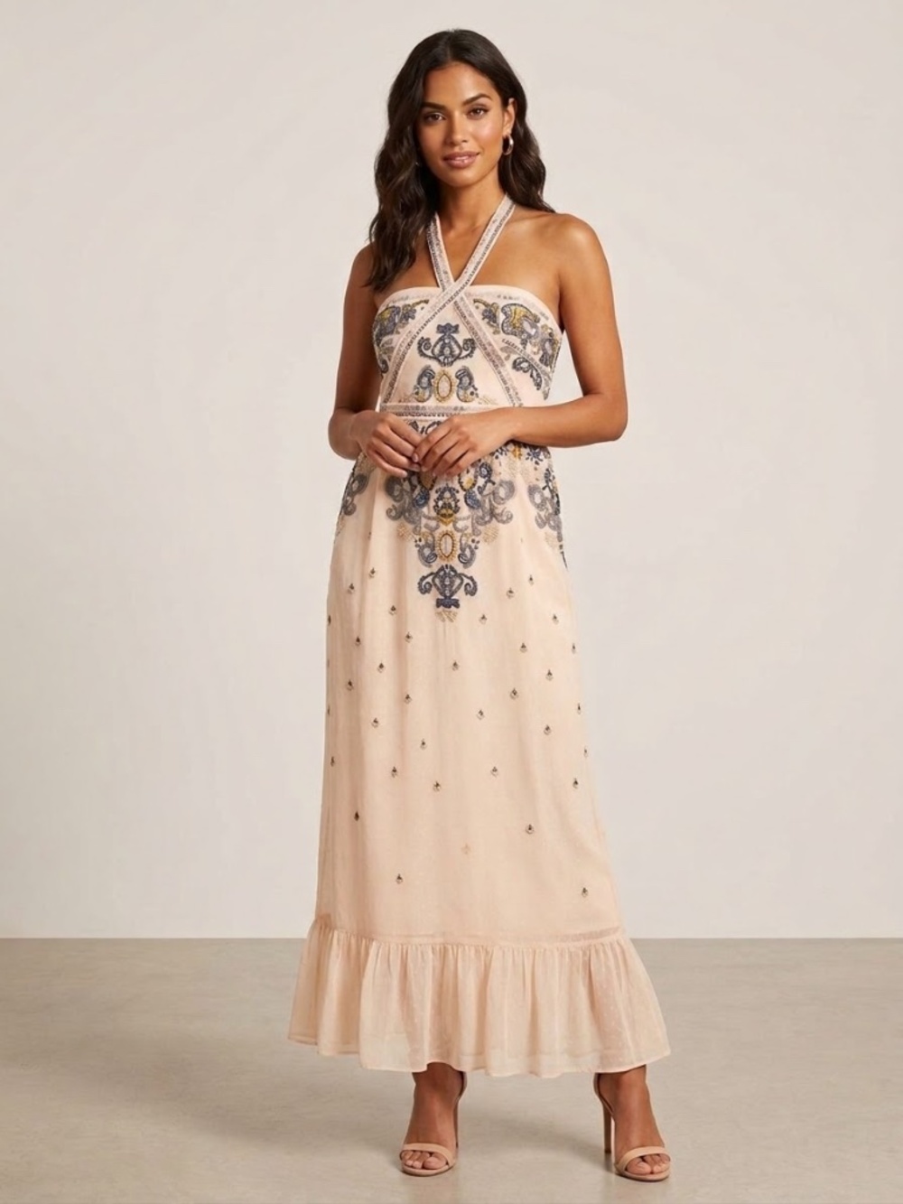 Altar'd State Corabeth Embroidered Chiffon Blush Pink Halter Maxi Dress